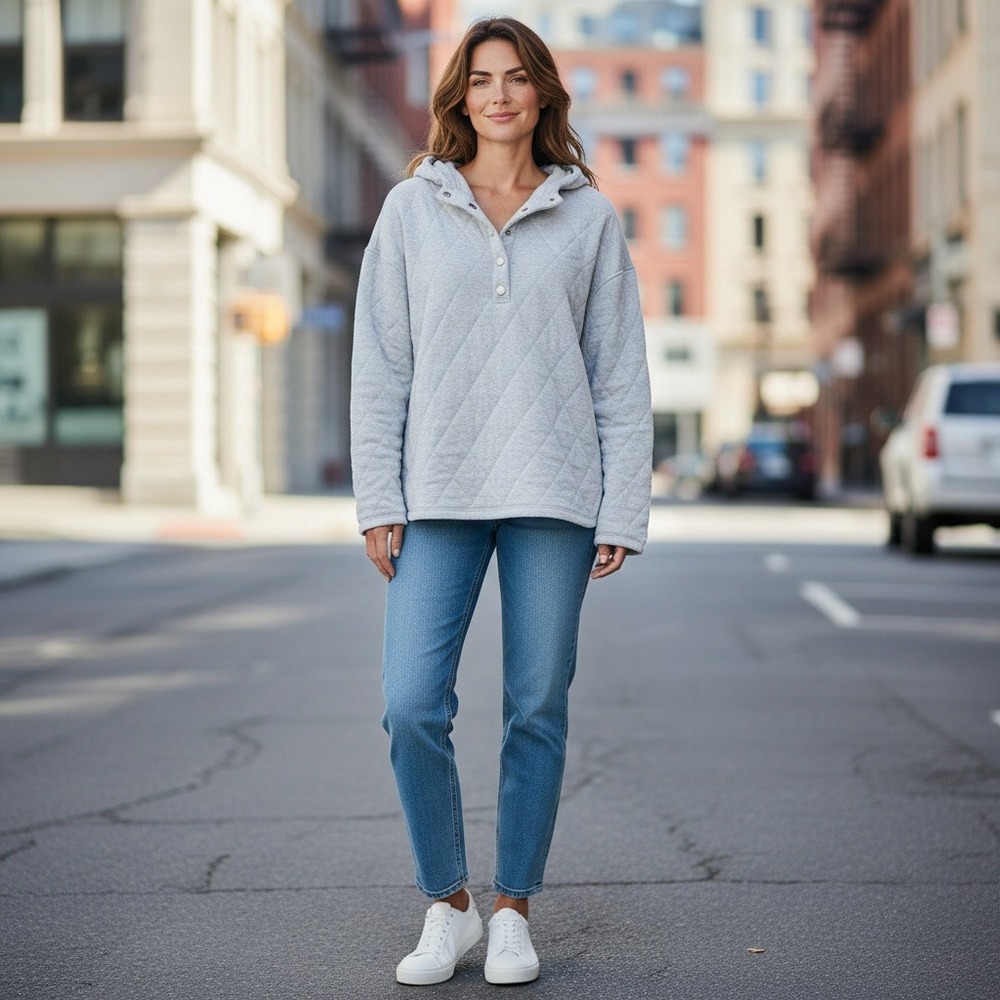 Lands End Women's Quilted Pullover Hoodie Grey Snap Neck XL 16 18 NWT
